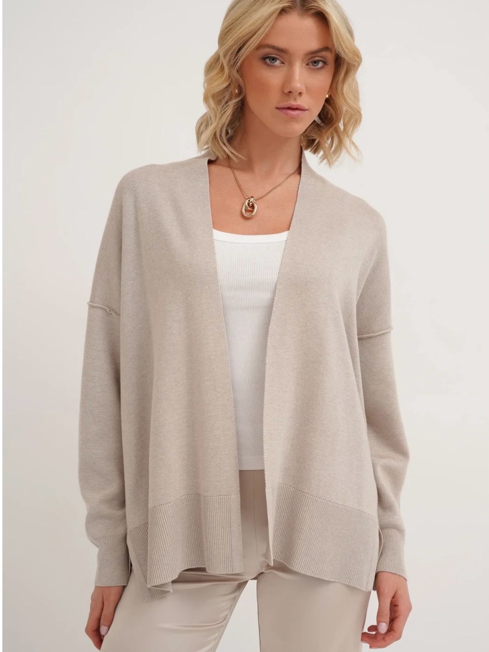 Cyrus Open-Front Beige Knit Women's Cardigan